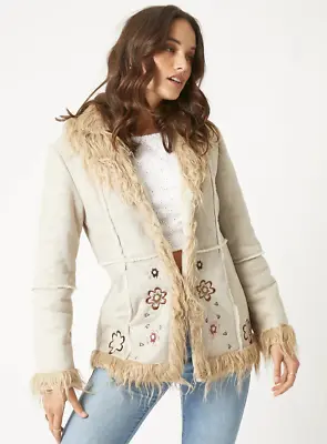 TREE OF LIFE Penny Lane Afghan Cream Embroidered Fleece Lined Coat Size S Small • $74