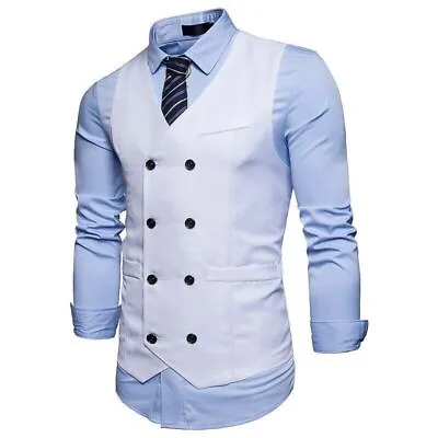 Mens Formal Business Jacket Dress Vests Suit Vest Double Breasted Waistcoat • $28.46