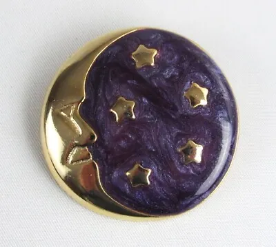 Gold Crescent Man In The Moon Stars Purple Sky Celestial Pin Brooch - NICE! • $17.99