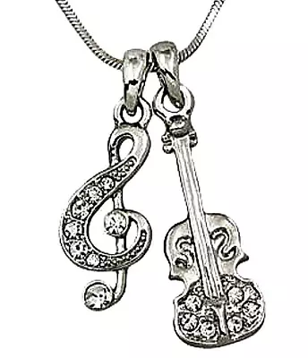 Music Treble G Clef Note Violin Pendant Necklace Clear Crystals Fast Shipping  • $12.95