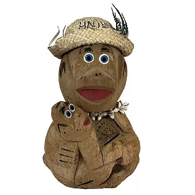 Coconut Monkey Figure Art Hawaii Vintage Hand Carved Mama With Hat And Baby • $17.47