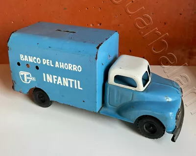 Mexican Vintage Toy Tin TRUJILLO Blue Children's Savings Bank Truck 1960s • $399