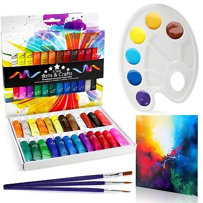 29pc Premium Acrylic Paint Set 24 High Quality Paints 3 Brushes Palette &Canvas • £8.95