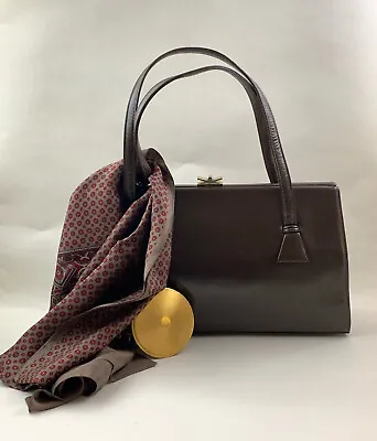 Waldybag Vintage 1960s Brown Leather Handbag Suede LinedCompact & Jacquard Scarf • £69.99