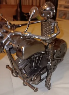Metal Chopper Motorcycle With Rider Metal Art Sculpture Figurine Man Cave Decor  • $35