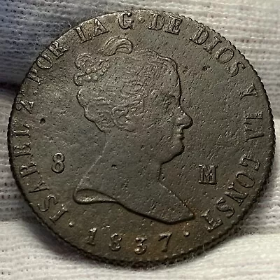 1837 Spain 8 Maravedis Copper Coin JA Mint Mark Jubia KM# 531.2 (M682) • $0.99