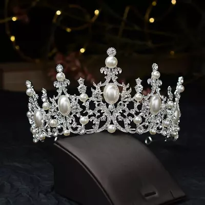 £44.57 • Buy Stunning Silver Crown/tiara With Clear Crystals & White Pearls, Bridal Or Racing
