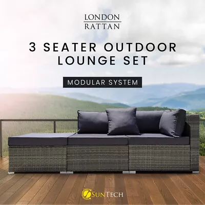 LONDON RATTAN Outdoor Lounge Setting 3 Seater Furniture Modular Sofa Wicker Set • $412