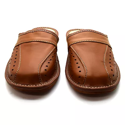 Mens Leather Slippers Shoes Comfort Sandals Size 6-12 Slip On Mules Brown • £9.97