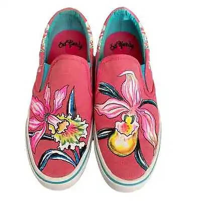 Ed Hardy Poppy Fuschia Flower Print Canvas Slip On Sneakers • $75