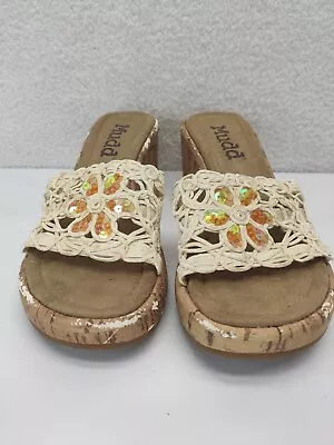 VTG Y2K Mudd Sz 7 Crochet Mermaid Boho Platform Sequin Cork Wedge Sandal 3787 • $16.99