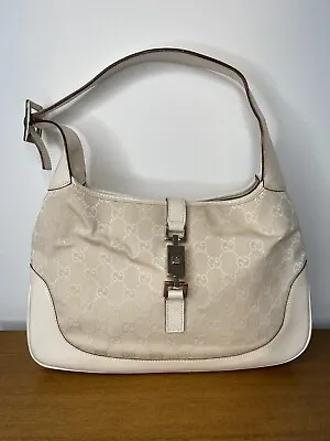 Auth Vintage Gucci Jackie O Web GG Monogram Hobo Bag Creme Canvas Leather • $450