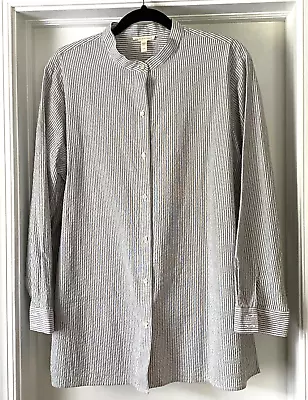 NWT Eileen Fisher Organic Cotton Ripple Mandarin Collar Shirt White Blk XL $158 • $90