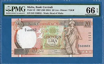 Malta 20 Lira 1967(ND 1994) Gem UNC-PMG66EPQ P48 • $290