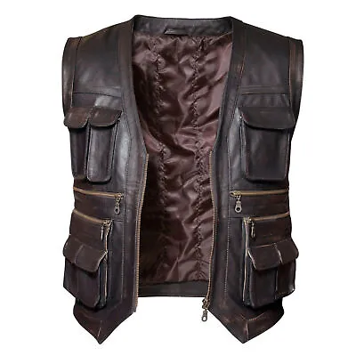 Mens Real Leather Biker Waistcoat Motorcycle Style Brown Motorbike Vest • £78.88