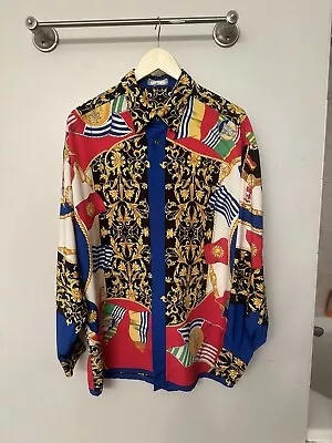 GIANNI VERSACE Silk All Over Pattern Flag/Floral  Shirt Multicolor Men Size L/XL • $1000