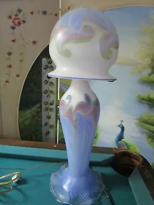 Signed ORIGINAL Vandermark Iridized Art Glass Pulled Feather TABLE LAMP & SHADE  • $323.94