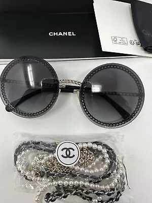 NIB 2023 CHANEL Sunglasses Round Pearl Metal Calfskin Chain Women Full Set • £967.31