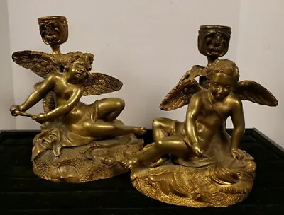 Pair Of Vintage Ornate Brass Metal Angel Cherub Candle Holders • $26