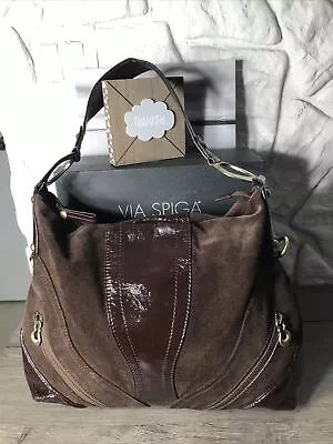 VIA SPIGA Brown Suede+Patent Leather Shoulder Handbag PreOwned See Photos/Read • $18.99