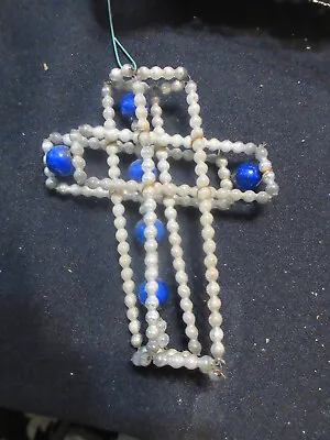 Wired Beaded(WHITE/BLUE) Czech Bohemian Christmas Ornament CROSS+WEST GERM. CLIP • $11.99