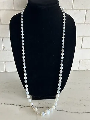 Vintage Art Deco Clear Glass Necklace  Opalescent Moonstone Bubble Beads 34” • $35