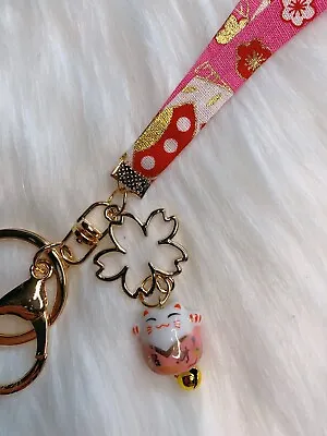 Japan Maneki Neko Lucky Cat Keychain Bag Charm Strap Pink Bell Good Luck Fortune • $12.99