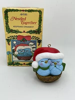 Vintage Avon NESTLED TOGETHER Bluebirds In Nest Christmas Ornament 1982. NOS • $8