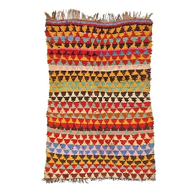 Moroccan Handmade Vintage Boucherouite Rug4'1x5'6 Berber Red & Yellow Cotton Rug • $300