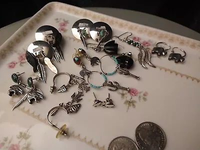 VTG SOUTHWESTERN NATIVE AMERICAN 10 EARRING PAIR LOT STERLING SILVER (20 Pieces) • $95