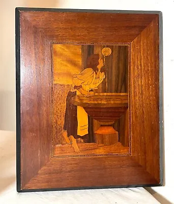 Antique Inlaid Marquetry Girl At The Fountain Scene Wood Wall Sculpture Art • $119.09