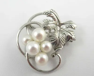 Vintage Mikimoto Sterling Silver 925 Akoya Pearl Grape Cluster Vine Brooch Pin • $119