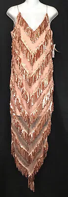 Aidan Mattox Dress Midi Rose Gold Sequin Fringe Spaghetti Strap NwT $365 Size 6 • $250