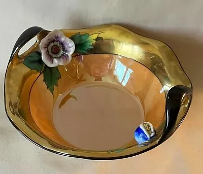 Noritake Art Deco 2 Handle Bowl Figural Flower & Bud Shimmering Gold Tan Lustre • $39.95