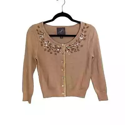 Knitted Dove Tan Sequin Embellished Long Sleeve Button Up Cardigan Sweater Small • £37.64