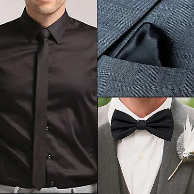 Choice Of Men's Premium Silk Satin Plain Bow Tie Necktie Or Handkerchief Black • £2.29