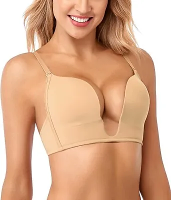 Women's Deep U Plunge Bra Sexy Convertible Low Cut Wireless Light Padded Bra • $9.99