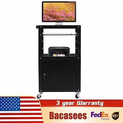 Metal A/V Cart W/ Pullout Keyboard Tray/Locking Cabinet Adjustable Height Durabl • $193