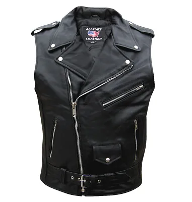 Mens Sleeveless Buffalo Hide Leather Motorcycle Jacket 6 Pockets Half Belt • $142.20