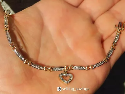 14k Yellow & White Gold 1/2 Tcw Diamond Dangle Heart Tennis Bracelet 6.8 Inch • £461.65