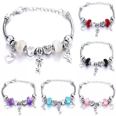 Crystal Charm Bracelets Silver Love Heart Key Bracelet Women Ladies Bead Gift • £5.50