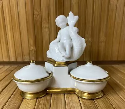 $98 • Buy Vintage VA Portugal Cherub Dolphin Triple Mustard Salt Pot Server - 1950's