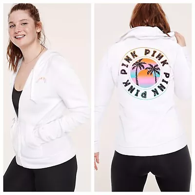 Vs Victorias Secret Pink Perfect Full Zip Hoodie Sweater Jacket Top Palm Shine S • $84.99