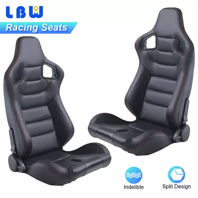 2PCS Racing Seats Black Faux Leather + Red String Car Sport Seats Dual Sliders • $345.45