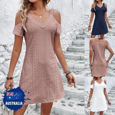$24.89 • Buy Womens Lace Cold Shoulder V Neck Mini Dress Summer Ladies Holiday Beach Sundress