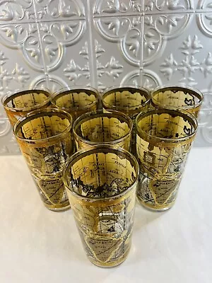 Set Of 8 Cera 22K Gold Atlas World Map Highball Tall Glass Tumblers Bar 1985 12z • $69.99