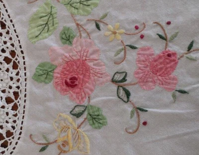 $43.99 • Buy Vintage Summer Banquet Tablecloth Pink Applique Roses Crochet Lace 94 