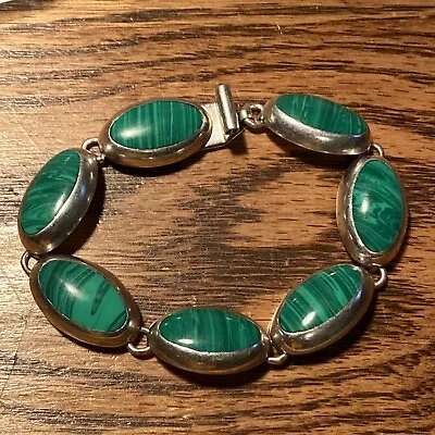 Mexican Sterling Silver Heavy Malachite Inlay Link Bracelet Vintage 8” • $74