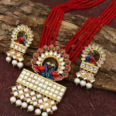 Indian Bollywood Kundan Long Har Crystal Gold Plated Bridal Jewelry Necklace Set • $26.99