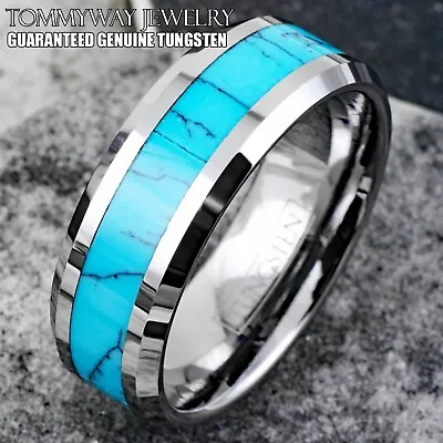 Tungsten Carbide Men's Turquoise Inlaid Comfort Fit Wedding Band Ring Size 5-13 • $15.99